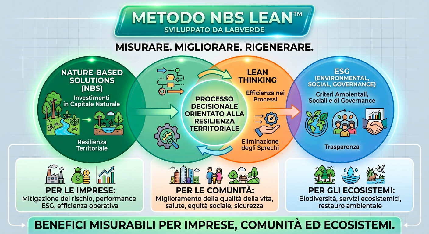 Infografica del Metodo NBS Lean™ di LabVerde: principi, strumenti, ciclo di miglioramento e benefici.